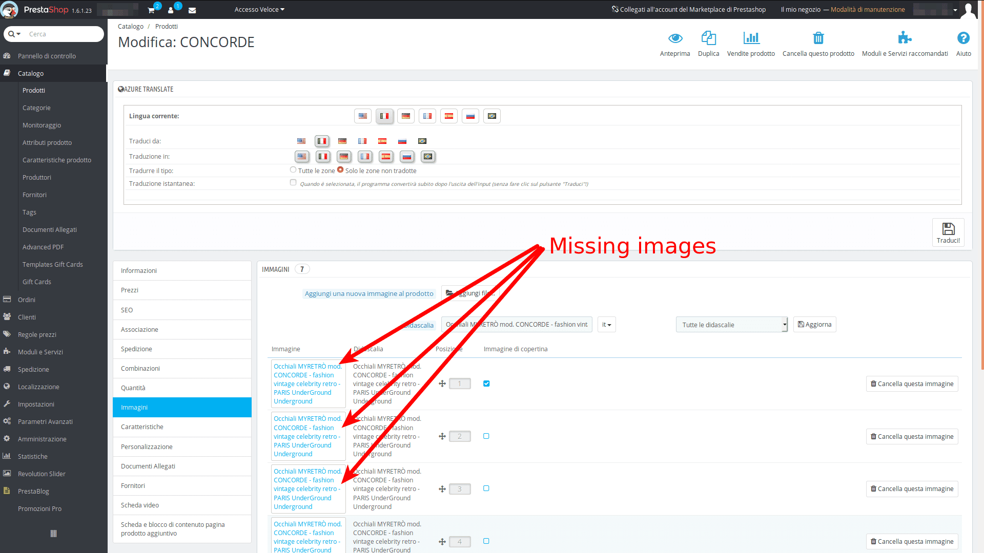 Screenshot of PrestaShop product image management page